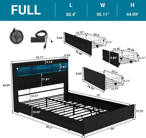 Vista 11 de Kiivakii Estructura de cama tamaño completo con cabecero, cama plataforma LED con 4 cajones de almacenamiento, estación de carga integrada, sin