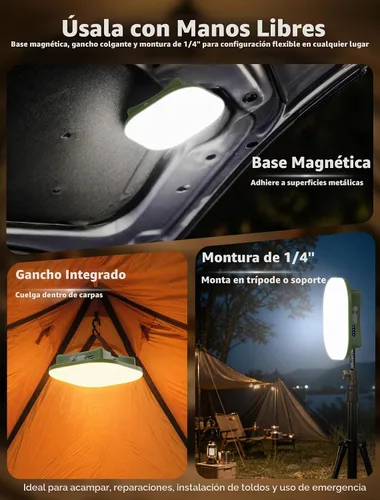 Vista 4 de Luz recargable para tienda de campaña, luz LED de camping con imán, batería de 4500 mAh, carga USB-C, linternas con 5 modos de iluminación, luz roja