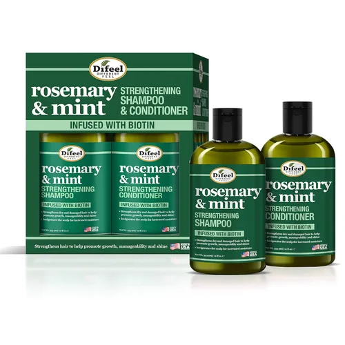 Difeel Champú fortalecedor del cabello con romero y menta, 12 onzas y acondicionador con biotina de 12 onzas, juego de 2 piezas en caja, champú y