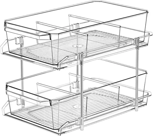 Organizador transparente de 2 niveles con separadores para gabinete, estante, encimera - Contenedor de almacenamiento deslizable multiuso - Cajones