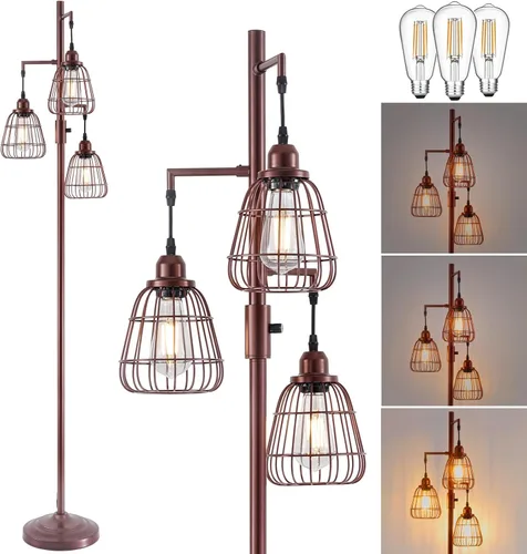 Vista 9 de 9MMML Lámpara de pie dorada regulable, lámpara de pie alta industrial dorada para sala de estar, dormitorio, oficina, pantalla de 3 jaulas