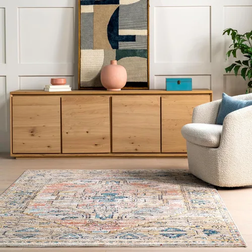 Vista 9 de nuLOOM Marley Medallion - Alfombra de área de 4 x 6 pies para sala de estar, dormitorio, comedor, cocina, azul/beige