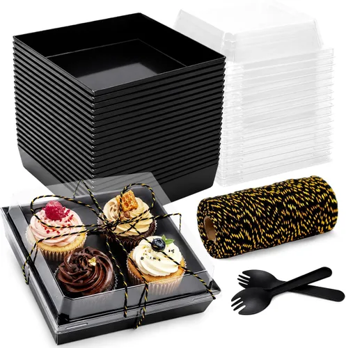 Cajas de charcutería grandes de 7 x 7 x 2.6 pulgadas con tapas transparentes, paquete de 50 cajas de panadería cuadradas desechables marrones,