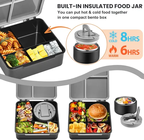 Vista 2 de Lonchera Bento para Niños con Termo para Sopa de 8oz, Contenedores de Comida para Almuerzo Impermeables para Niños con 4 Compartimentos, Tarro