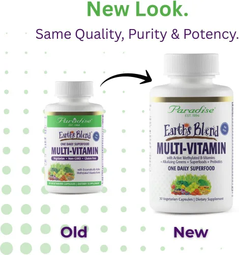 Vista 2 de Paradise Herbs Earth's Blend Cápsulas multivitamínicas diarias para hombres, sin hierro, 48 superalimentos orgánicos, probióticos, antioxidantes