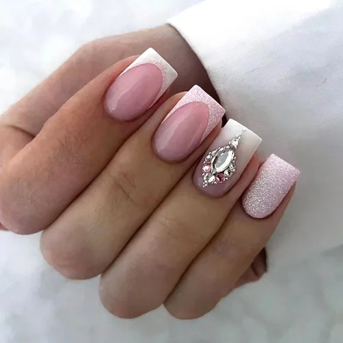 Uñas postizas cortas a presión, cuadradas, color rosa brillante y blanco con diamantes de imitación, diseño de punta francesa, uñas postizas