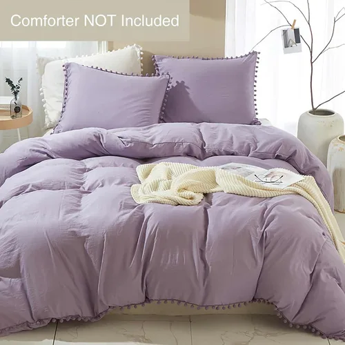 Vista 2 de ETDIFFE Juego de funda de edredón con pompones, color lavanda, tamaño individual, juego de funda de edredón de microfibra bohemio bohemio de 2