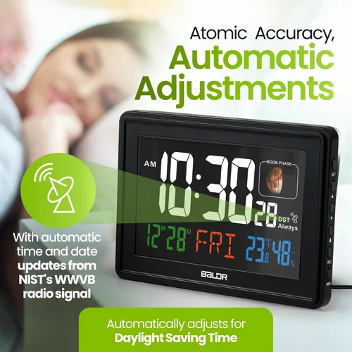Vista 5 de BALDR Relojes Atómicos para Dormitorios Pantalla Digital Grande - Negro - Reloj de Escritorio con Temperatura Interior y Humedad, Reloj de Mesa