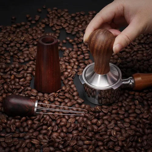 Vista 7 de DIBTSA Manipulador de café expreso de 2.008 in, con base plana de acero inoxidable 304 y mango de madera para portafiltro