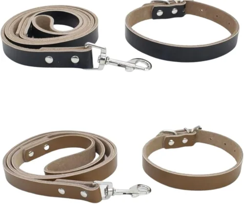 Vista 4 de Buttery Soft Genuine Dog Leather Collar & Leash Set Heavy duty collar for small medium and large dogs, Comfortable Leather (Black Small-14 inch)