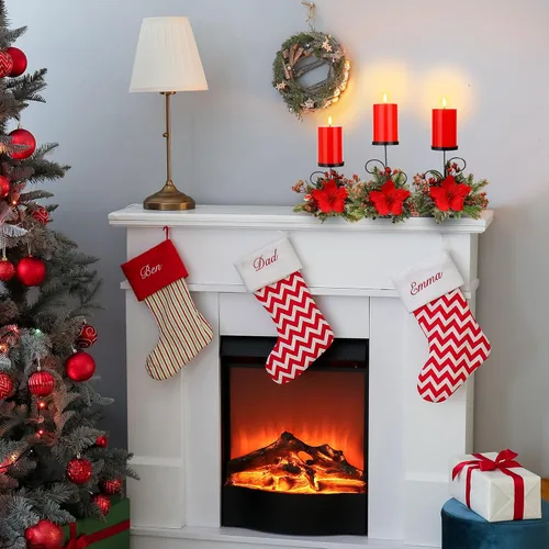 Vista 6 de Yunlly Juego de 3 portavelas de Navidad con 3 velas LED que funcionan con pilas, flor de pascua artificial de Navidad para decoración de mesa