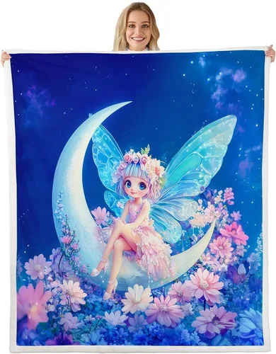 Fairy Fleece Blanket,Romantic Pink Floral Botanical Bed Blankets for Adults Teens,Galaxy Starry 3D Moon Room Decor,Blue Pink Super Soft Flannel