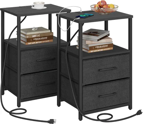 Vista 18 de TUTOTAK Mesa auxiliar con estación de carga, mesa auxiliar con 2 puertos USB y tomacorrientes, mesita de noche con cajón de tela, juego de 2, mesa