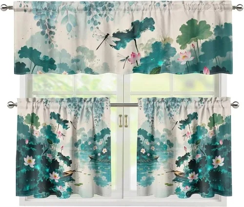 Vista 14 de Upgrad - Juego de cortinas de cocina con diseño de flor de cerezo para ventanas, 3 piezas, cortinas y cenefas para gatos, cortinas pequeñas