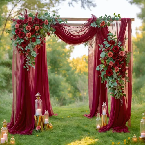 Vista 3 de 2 paneles de tela drapeada para arco de boda, telón de fondo transparente color burdeos, cortina de arco para boda, ceremonia, recepción, decoración