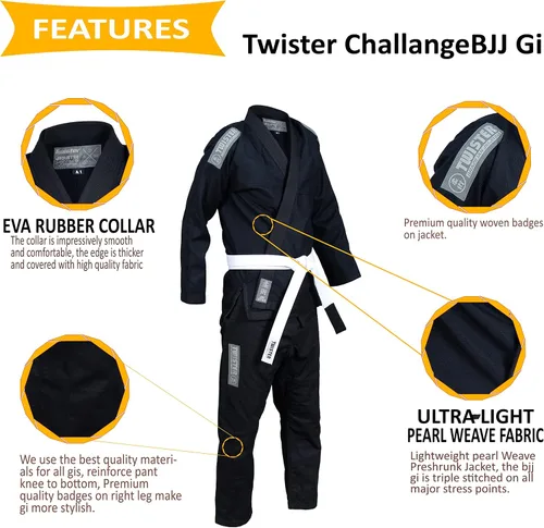 Vista 8 de Twister Challenge Jiu Jitsu Gi, Uniforme Jiu Jitsu, Competencia Profesional Tela de alta calidad Viene con Cinturones Blancos