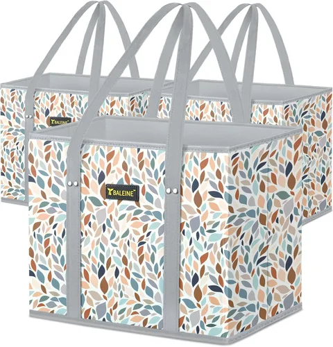 Vista 29 de BALEINE Paquete de 3 bolsas reutilizables para comestibles, bolsas de compras plegables para comestibles con parte inferior reforzada y asas Follaje