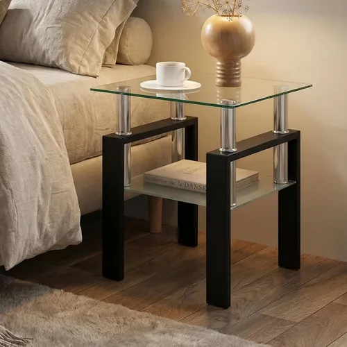 Vista 16 de IANIYA Mesa auxiliar moderna de cristal, mesa auxiliar de 2 niveles con parte superior de vidrio templado y patas de metal, mesa de noche mesa