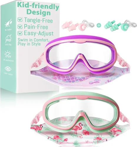 Vista 9 de Pixel Panda 2 Pack Kids Swim Goggles with Fabric Strap for 6-14, Anti-Fog Anti-UV No Hair Pulling Wide View Swimming Goggles