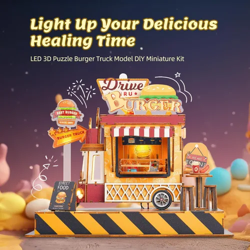 Vista 2 de Rompecabezas de Madera 3D Modelo de Camión de Hamburguesas - Kit de Manualidades DIY de Vehículo de Casa de Muñecas de Camión de Comida en Miniatura