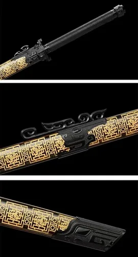 Vista 8 de Espada china, sable táctico, Tang DAO (cuchillas de grabado de acero de alto carbono forjadas, accesorios de aleación, vaina)