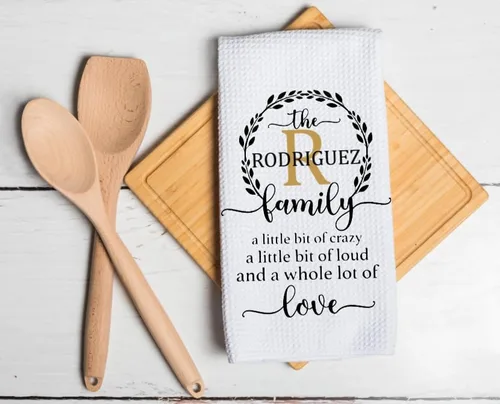 Vista 4 de Family Monogram - A Little Bit Of Crazy - Kitchen Towel - Personalized with any name. Microfiber White Waffle Weave Towel. 16 x 24 in. Absorbent, No
