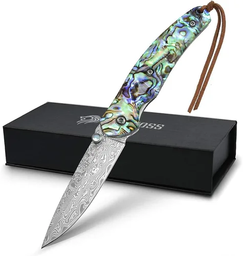 NedFoss Cuchillo de bolsillo, cuchillo de bolsillo de damasco con mango de concha de abulón, cuchillo plegable de acero de Damasco forjado hecho a
