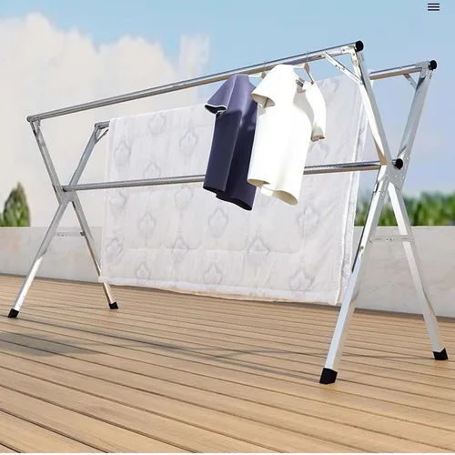 Vista 2 de Heavy Duty Stainless Steel Clothes Drying Rack - Adjustable Length Garment Rack for Indoor/Outdoor Use, Foldable with Windproof Hooks, 63In -(One