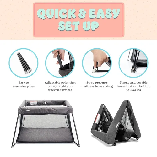 Vista 3 de UNiPLAY Cuna de viaje plegable, corralito portátil ligero, fácil de empacar con cómodo colchón y forro de malla transpirable para bebés y niños