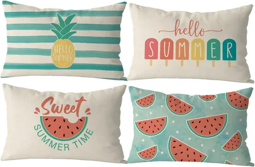 GAGEC Fundas de almohada de verano de 12 x 20 pulgadas, juego de 4 fundas de almohada de paletas de sandía de piña, decoración de casa de campo de
