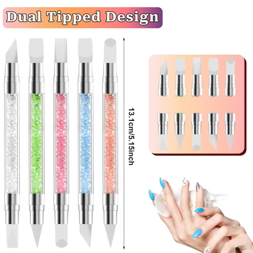 Vista 3 de 10 bolígrafos de uñas de gel para tallar uñas acrílicas, mango de diamantes de imitación, pinceles de silicona de doble punta para diseño de láminas