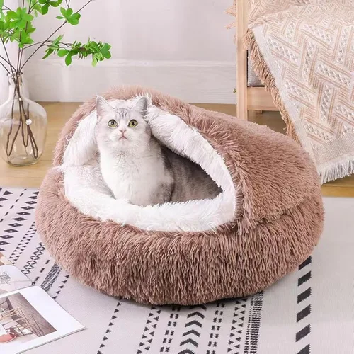Cama para gatos, redonda y esponjosa, con capucha, para gatos, cama tipo cueva antiansiedad con manta con capucha, acogedora cama para mascotas para
