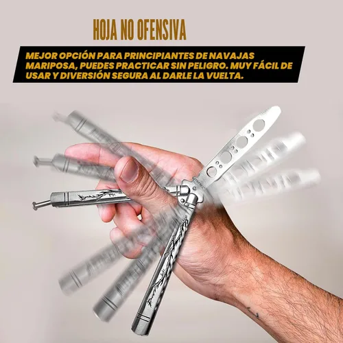 Vista 3 de Vornnex, cuchillo mariposa de práctica, hoja desafilada de acero inoxidable para entrenamiento, dragón negro (plateado)