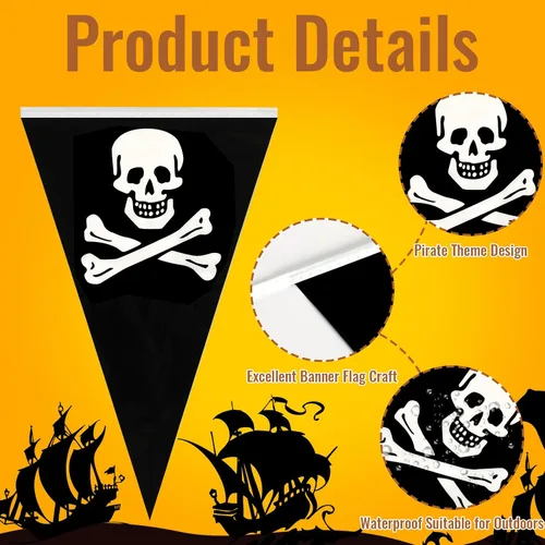 Vista 5 de MARFOREVER Cartel de pirata de 52.5 pies, decoraciones de fiesta pirata, pancarta de cumpleaños de Halloween, guirnalda triangular, banderines