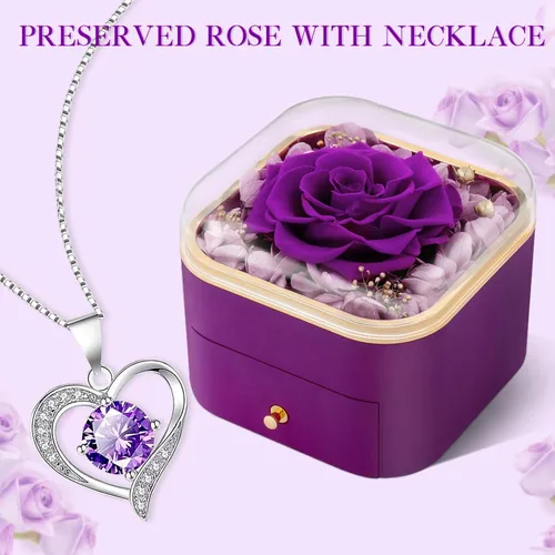 Vista 8 de Beferr Regalos de cumpleaños para mujeres, rosa real preservada con collar, rosas moradas eternas, flores para la entrega, aniversario, día