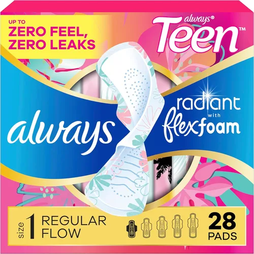 Vista 10 de Always Radiant Teen Pads, Size 1, Regular, with Wings, Unscented
