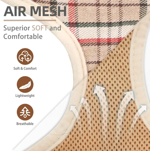 Vista 3 de PUPTECK Juego de arnés y correa de malla suave para perro, cachorro y gato, cómodo chaleco acolchado sin tirones, caqui, M