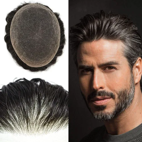 Vista 24 de Toupee para hombres, sistema de reemplazo de piezas de cabello humano real, encaje suizo suave, encaje frontal para hombres, pieza de pelo tipo