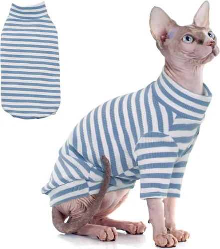 Vista 7 de PUMYPOREITY Ropa para Gatos: Camisa Elástica, Suéter con Mangas, Pijama de Forro Polar Suave para Gatos Sphynx, Devon Rex - Azul, XS