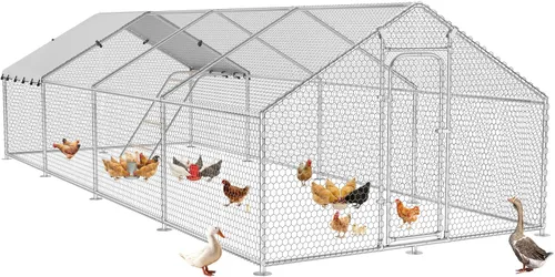 Vista 12 de Gallinero de metal con paso, 10 x 5 x 6.4 pies, jaula para aves de corral al aire libre, perca mejorada, cubierta impermeable y antiultravioleta