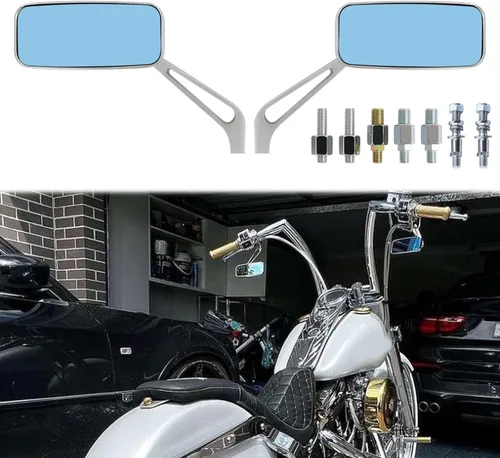 Vista 12 de Black Rectangle Motorcycle Bobber espejos para motocicleta cruiser chopper con humo azul 8 mm-10 mm, Negro