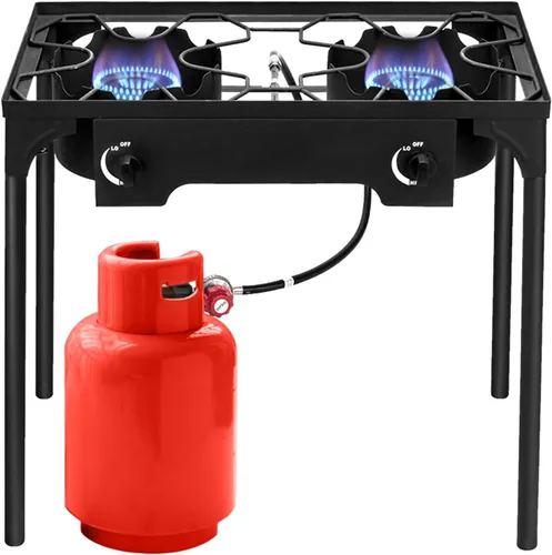 Estufa de gas propano de 2 quemadores, cocina de campamento al aire libre de 150,000 BTU con patas extraíbles, regulador y manguera de 0 a 20 PSI,
