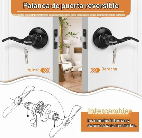 Vista 5 de Probrico Manijas de puerta de entrada de color negro mate con diferentes llaves, manijas de puerta de estilo ondulado para puertas interiores