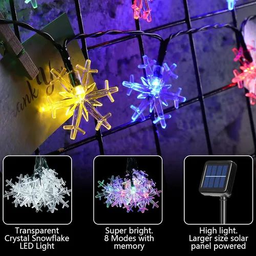 Vista 2 de Mudder Tira de 80 luces LED de Navidad más grandes de 33 pies con forma de copo de nieve, funciona con energía solar, tira de luces impermeables Luz