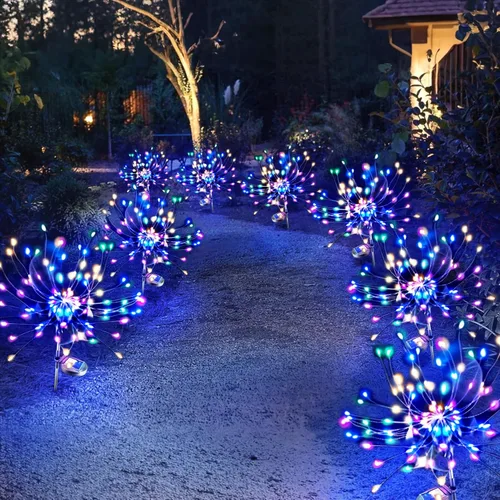 Vista 21 de Anordsem Luces Solares Decorativas para Exteriores: Alambre de Cobre Flexible con 120 Cuentas LED de Fuegos Artificiales - Impermeables 2 Modos