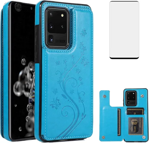 Vista 11 de Funda de teléfono para Samsung Galaxy S20 Ultra Glaxay S20ultra 5G con protector de pantalla de vidrio templado, tarjetero con soporte para Negro