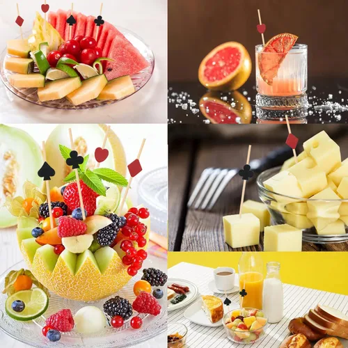 Vista 5 de Honbay 100 piezas de póker negro y rojo con forma de bambú para cócteles, frutas, alimentos, hamburguesas, palillos de dientes, decoración