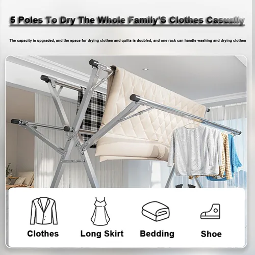 Vista 6 de Heavy Duty Stainless Steel Clothes Drying Rack with Adjustable Folding Design 5 Rods Universal Wheel Shoe Rack and Large Capacity Indoor Outdoor