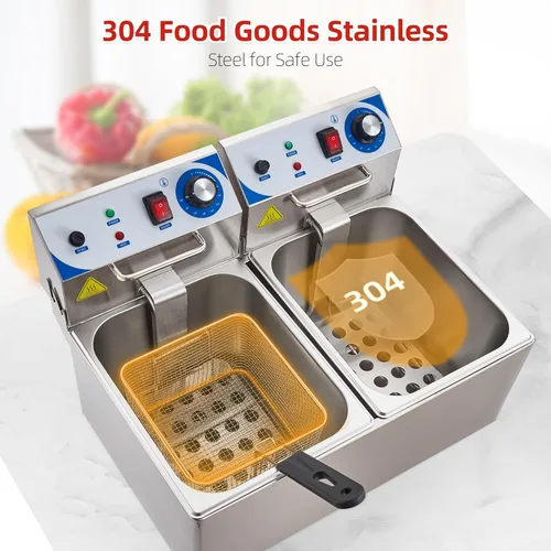 Vista 8 de Freidora eléctrica, freidora de 10 L x 2 con canasta, control de temperatura ajustable, perfecta para alas de búfalo fritas, camarones, pepitas