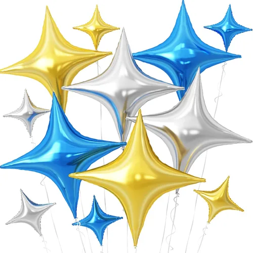 Vista 13 de Globos de Estrella Negra, 12 Piezas Globos de Papel de Aluminio de Estrella de Cuatro Ángulos, 26 Pulgadas y 10 Pulgadas Globo de Película de Negro